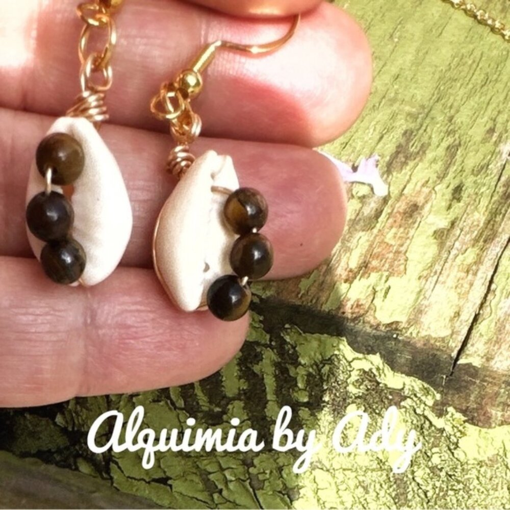 Jeweled shell earrings tigers eye dangle